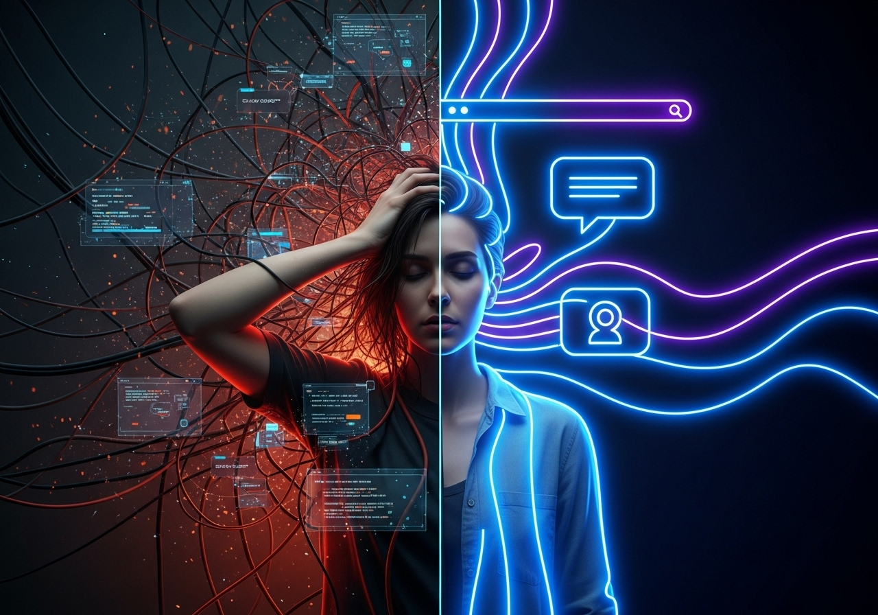 Ilustración de emprendedor abrumado por la tecnología frente a la solución digital de Vento Creativo
